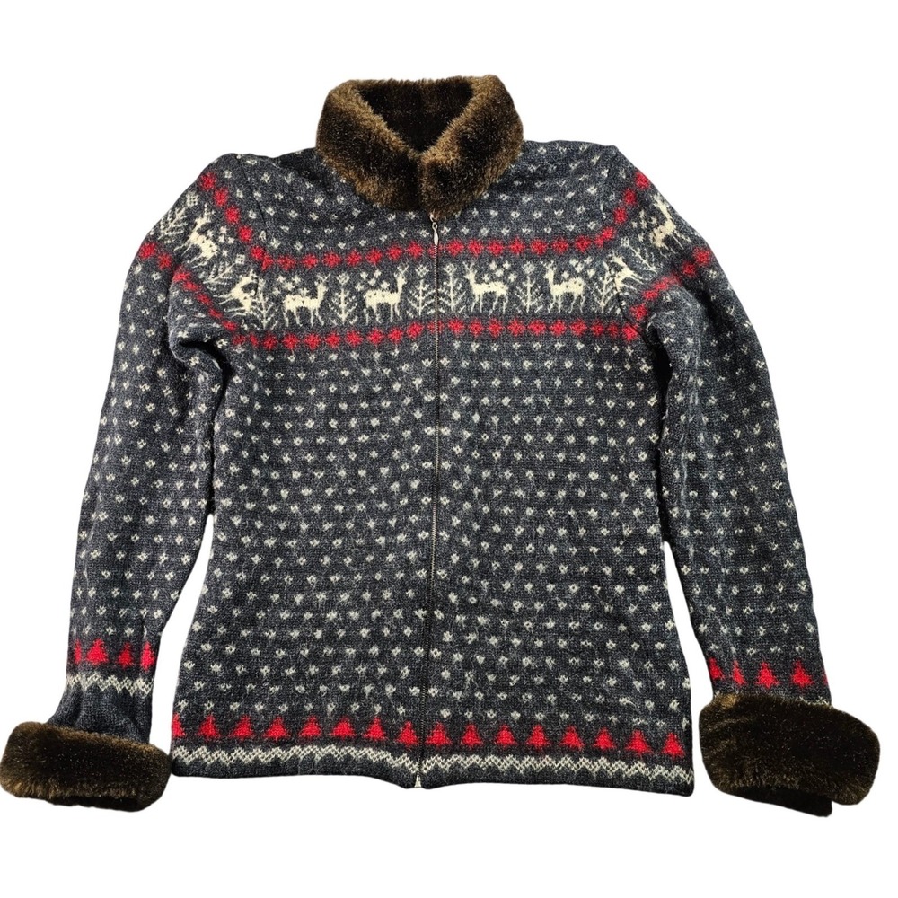 Lauren Ralph Lauren Cardigan Sweater Womens M Multi Fair Isle Deer Faux Fur Trim